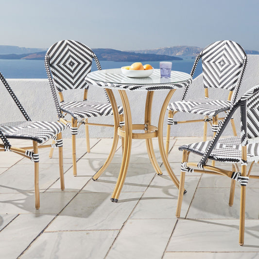 Garden Table Black And White PE Rattan Top 70cm Glass Aluminum Frame Outdoor