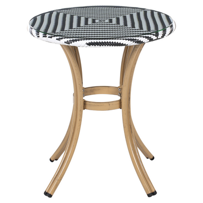 Garden Table Black And White PE Rattan Top 70cm Glass Aluminum Frame Outdoor