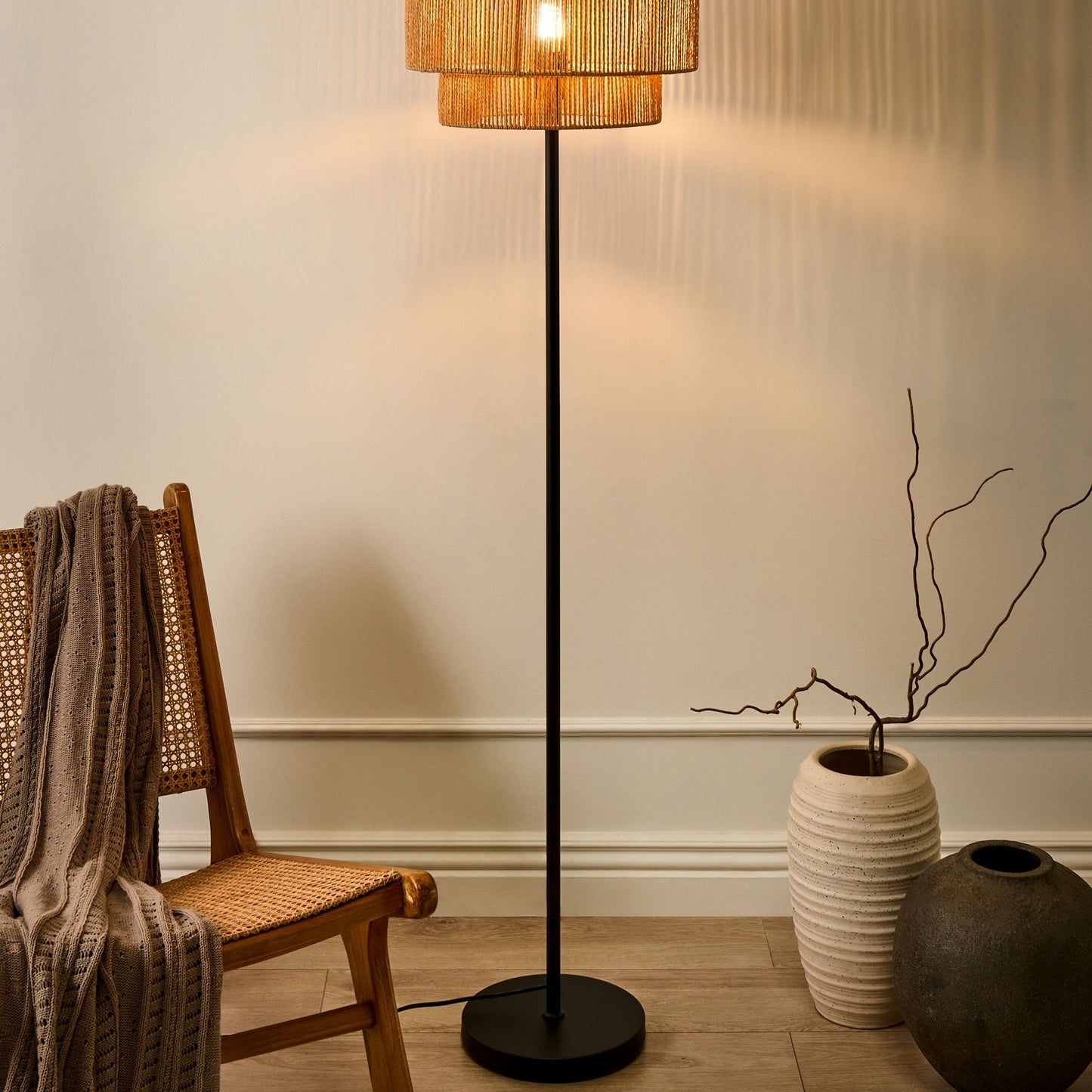 Floor Lamp Natural Paper Rope Matte Black Base Boho Style