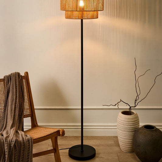Floor Lamp Natural Paper Rope Matte Black Base Boho Style