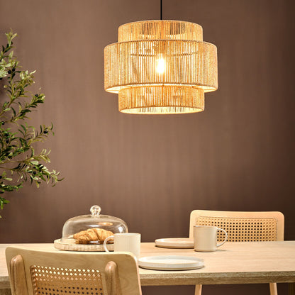 Natural Paper Rope Pendant Lamp Matte Black Base Boho Style For Dining Room