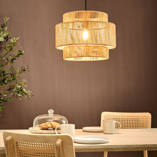 Natural Paper Rope Pendant Lamp Matte Black Base Boho Style For Dining Room