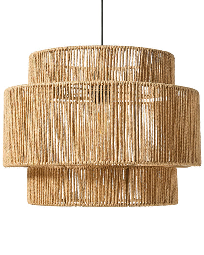 Natural Paper Rope Pendant Lamp Matte Black Base Boho Style For Dining Room
