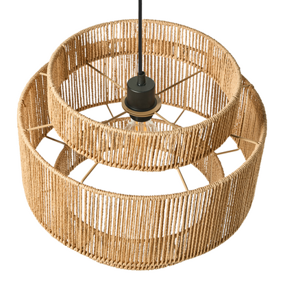 Natural Paper Rope Pendant Lamp Matte Black Base Boho Style For Dining Room