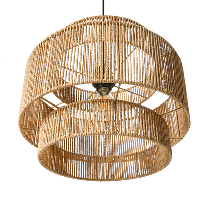 Natural Paper Rope Pendant Lamp Matte Black Base Boho Style For Dining Room