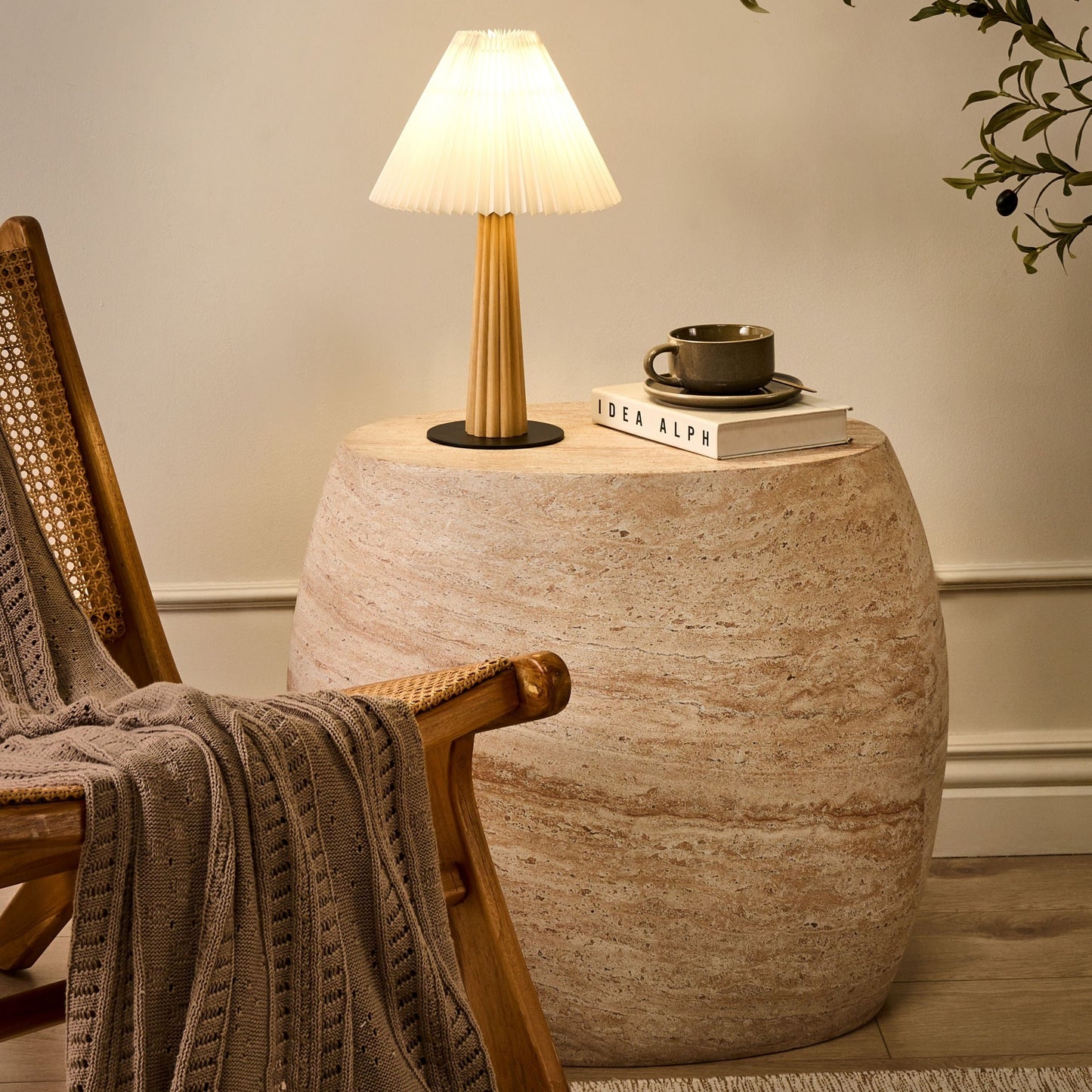 Woodline Table Lamp Natural Rubberwood Industrial White Fabric Shade