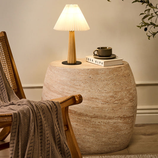 Woodline Table Lamp Natural Rubberwood Industrial White Fabric Shade
