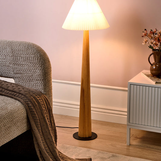 Industrial Floor Lamp Natural Rubberwood White Fabric Shade