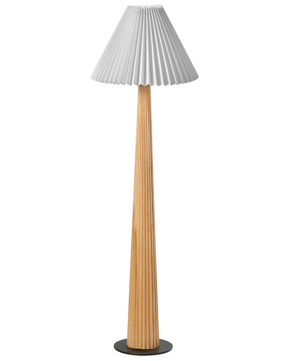 Industrial Floor Lamp Natural Rubberwood White Fabric Shade