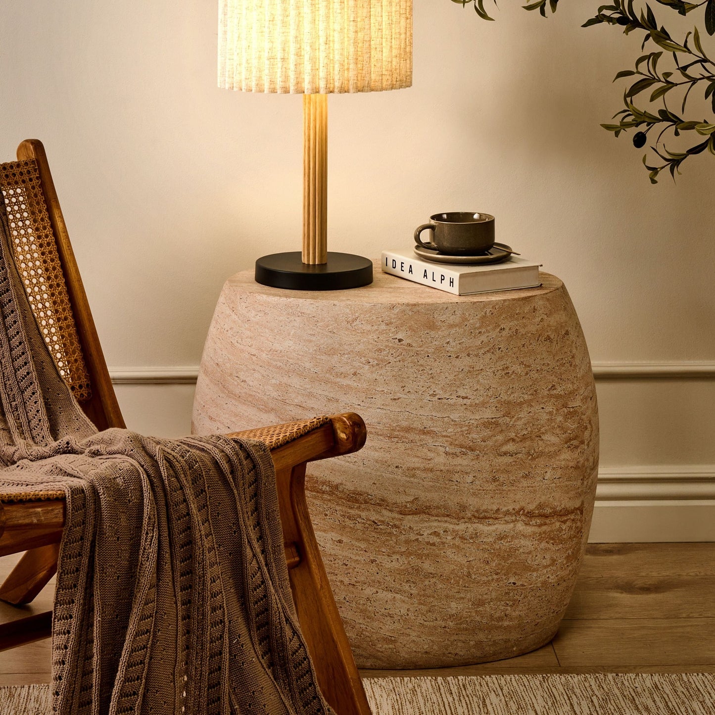 Table Lamp Beige Linen Shade Rubberwood Modern Scandinavian Living Room