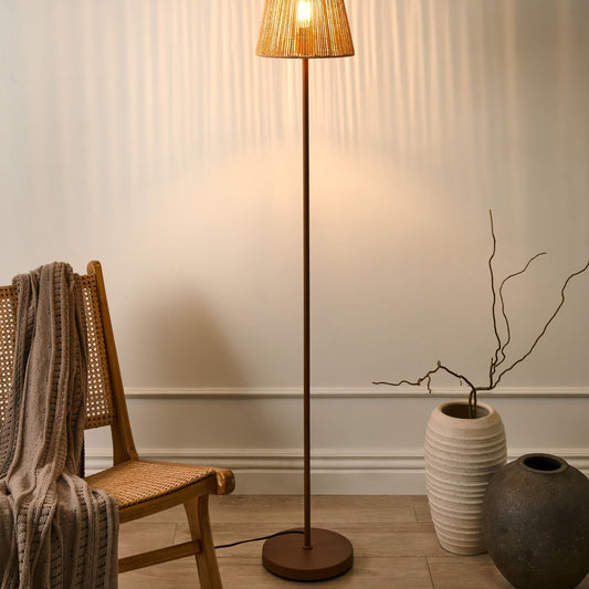 Floor Lamp Brown Paper Rope Shade Matte Metal Base