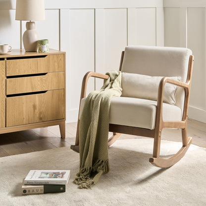 Heritage Rocking Chair Beige Fabric With Wooden Legs And Armrests