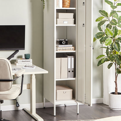 White Metal Storage Cabinet Lockable Doors With Five Shelves And Rail For Home Office