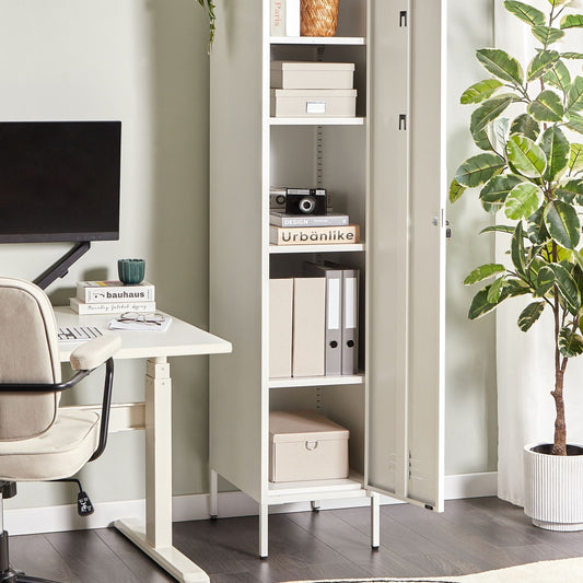 White Metal Storage Cabinet Lockable Doors With Five Shelves And Rail For Home Office