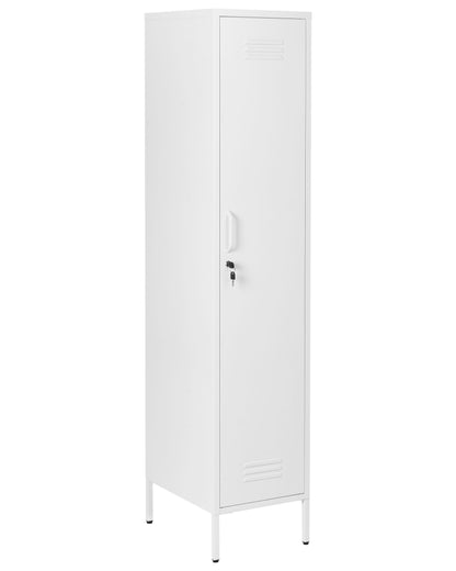 White Metal Storage Cabinet Lockable Doors With Five Shelves And Rail For Home Office