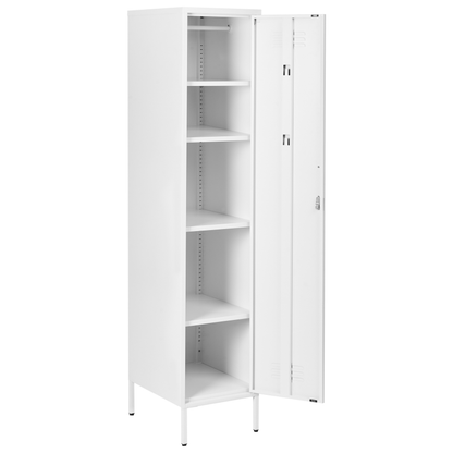 White Metal Storage Cabinet Lockable Doors With Five Shelves And Rail For Home Office