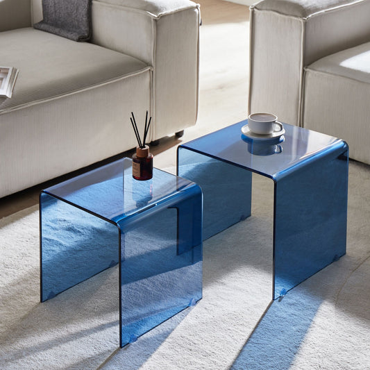 Nest Home Side Tables Set 2 Blue Tempered Glass Minimalist
