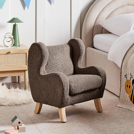 Boucle Armchair for Kids Brown Upholstery with Armrests Modern Nursery Chair