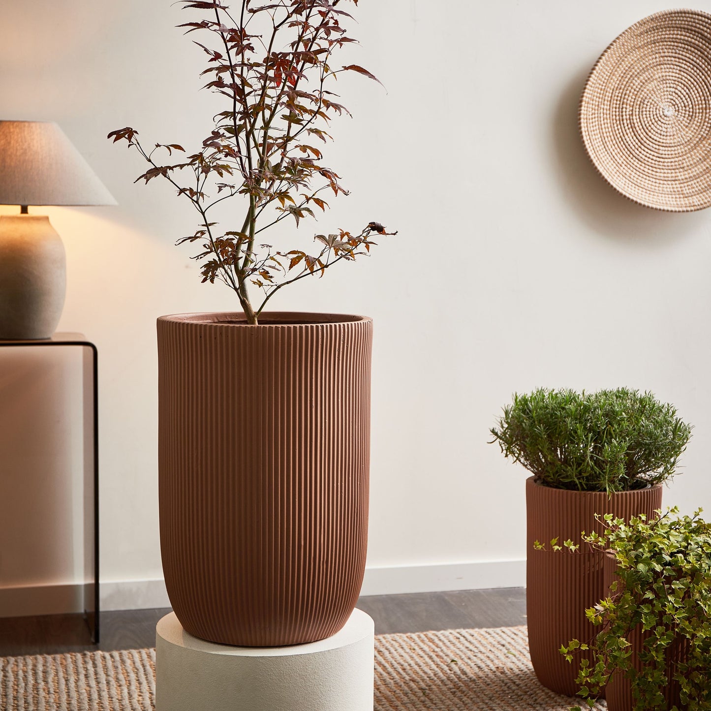 Fibre Clay Flower Planter Brown 37 x 37 x 56cm Outdoor Pot With Vertical Rib Finish And Drainage Hole