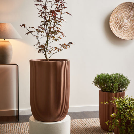 Fibre Clay Flower Planter Brown 37 x 37 x 56cm Outdoor Pot With Vertical Rib Finish And Drainage Hole