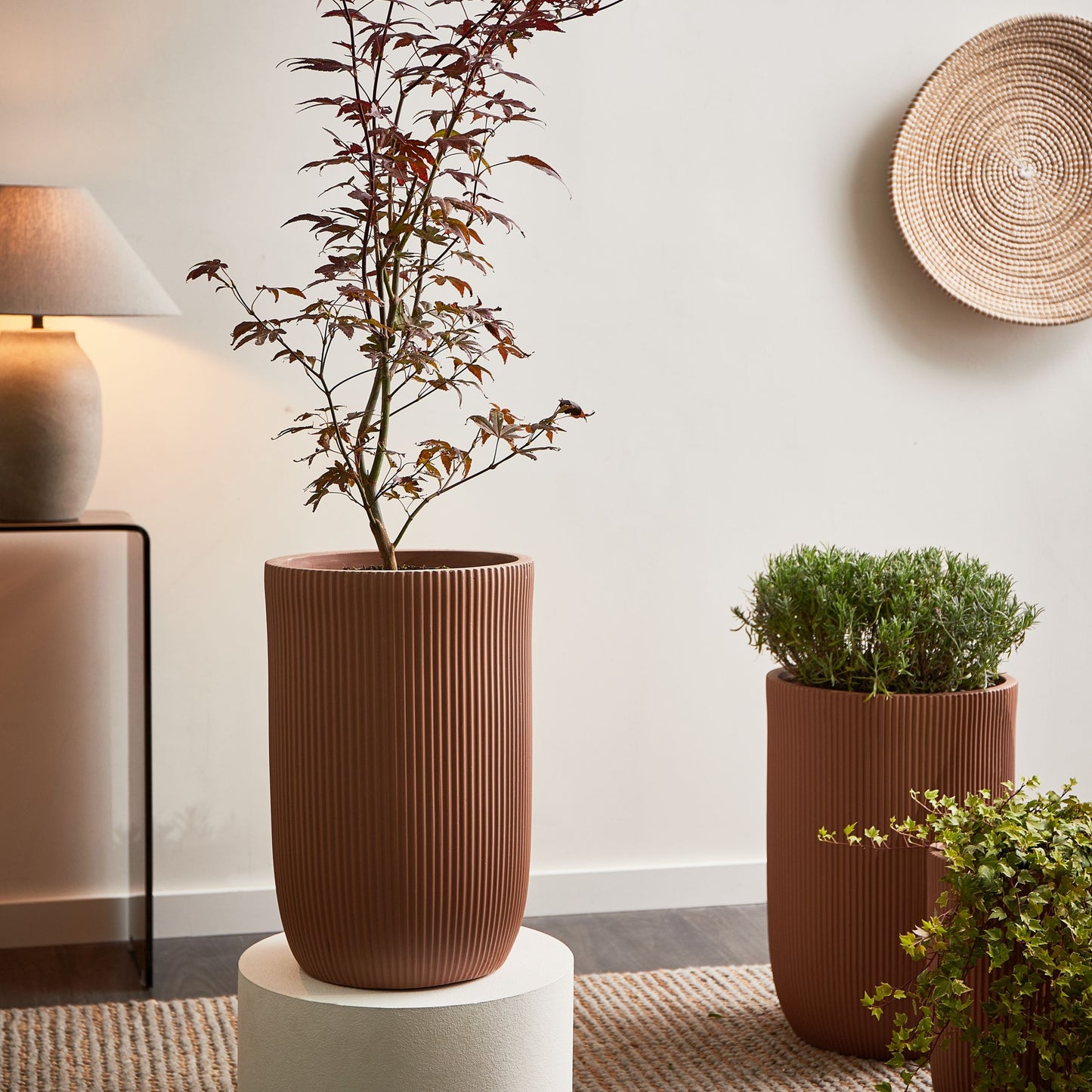 Home Flower Planter Brown Fibre Clay Pot 30 x 30 x 49cm Vertical Rib Finish Outdoor