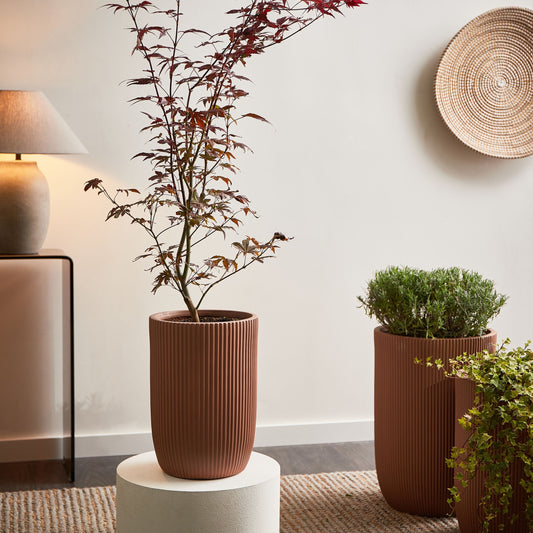 Flower Planter Brown Fibre Clay Pot With Drainage Hole 25 x 25 x 38cm Outdoor