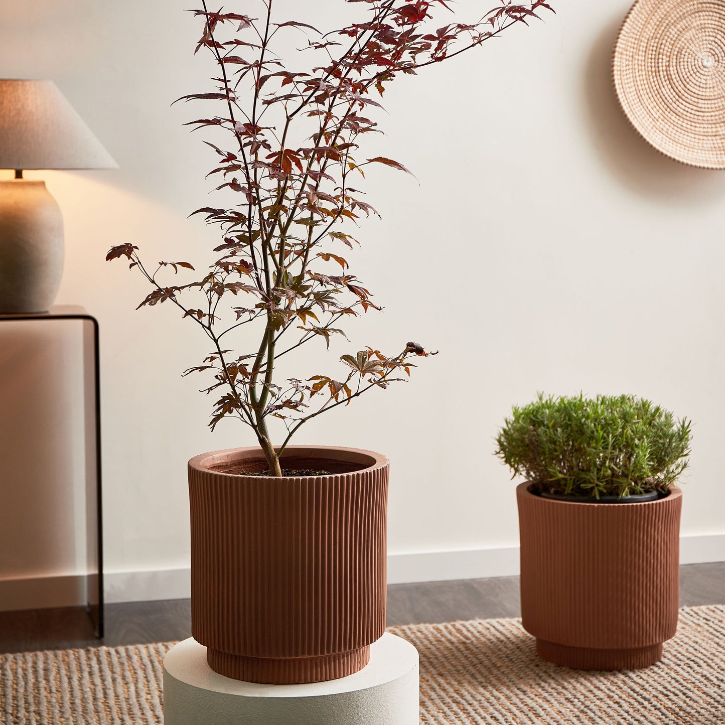 Verdantix Taupe Fibre Clay Planter Pot 30cm Square With Vertical Rib Finish Drainage Hole UV Weather Resistant