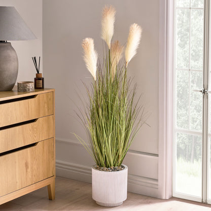 Artificial Pampas Grass Potted Plant 120cm Green White Reed Black Pot