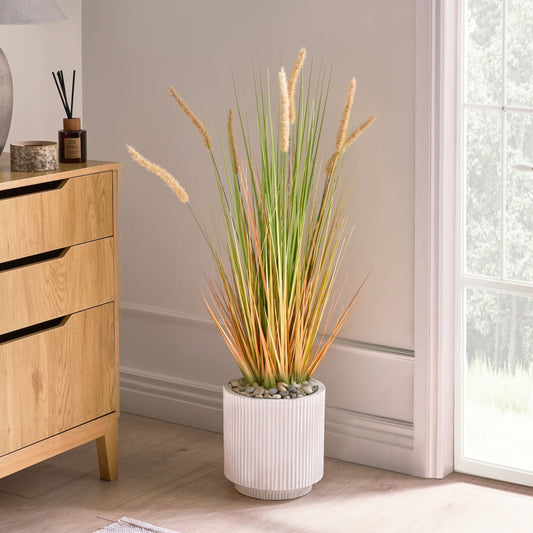 Living Artificial Potted Plant 90cm Green Orange Reed Flower In Black Pot Decor