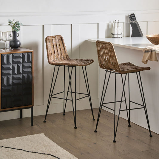 Brown Rattan Bar Chairs With Metal Frame Set Of 2 Boho