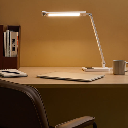 LED Desk Lamp White Adjustable Arm Rotating Shade Dimmer