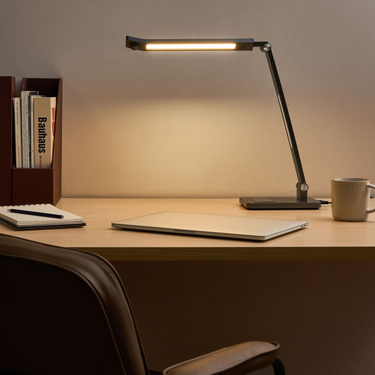 LED Desk Lamp Dark Grey With Adjustable Arm Rotating Shade Motion Sensor And 3 Temperature Colors