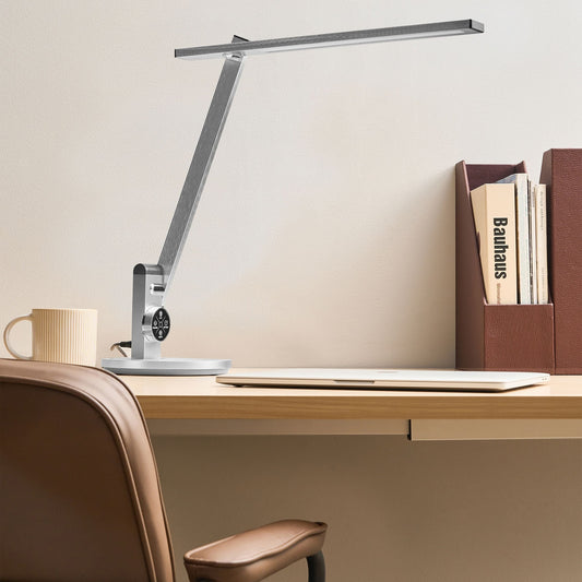 Office Desk Lamp Silver Adjustable Arm Reading Light With 10 Step Dimmer Timer