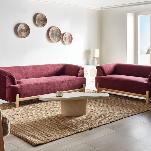 Burgundy Chenille 5 Seater Sofa Set With Wooden Legs Modern Living