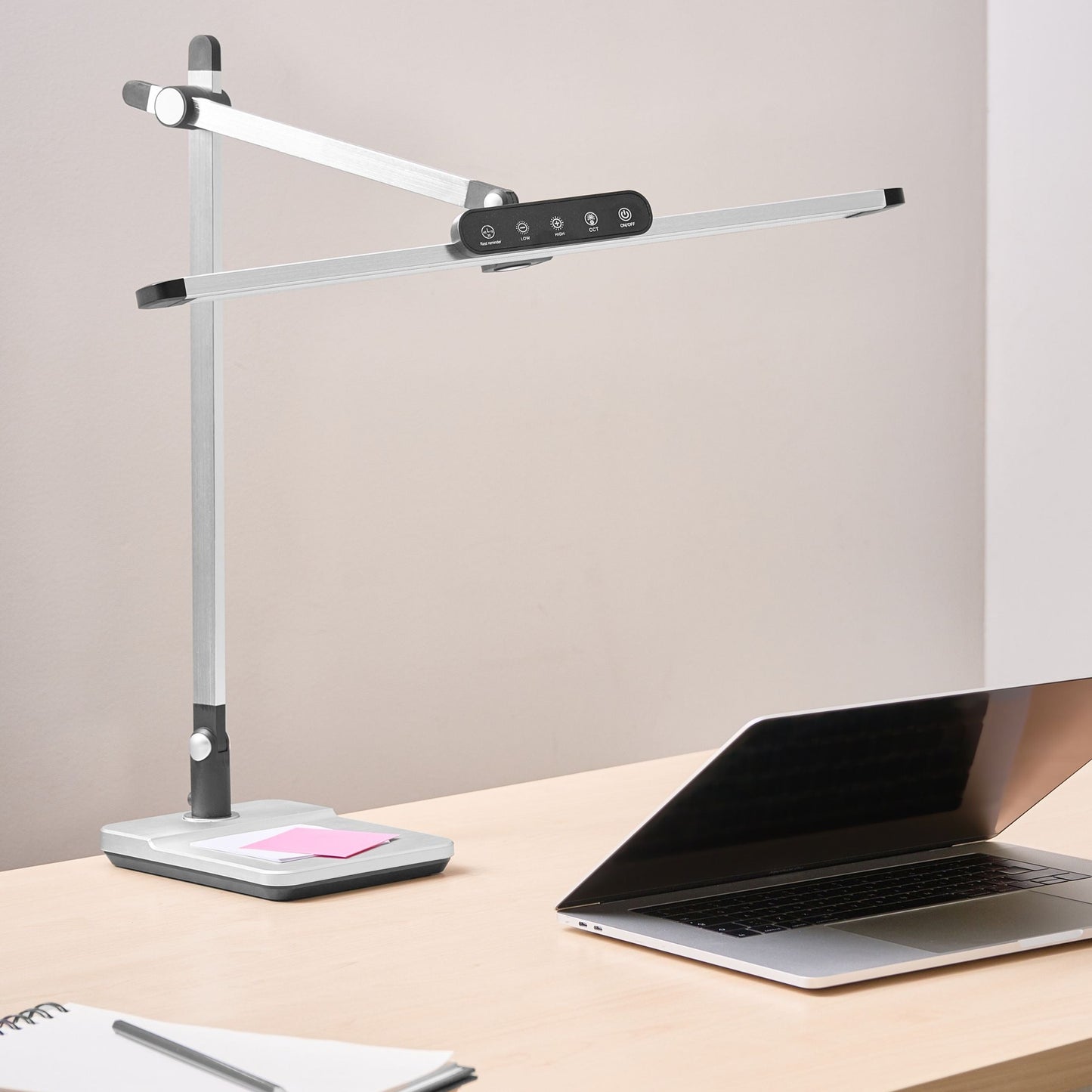 Pro Desk Lamp Silver With Adjustable Arm Stepless Dimmer And Colour Temperature Modes