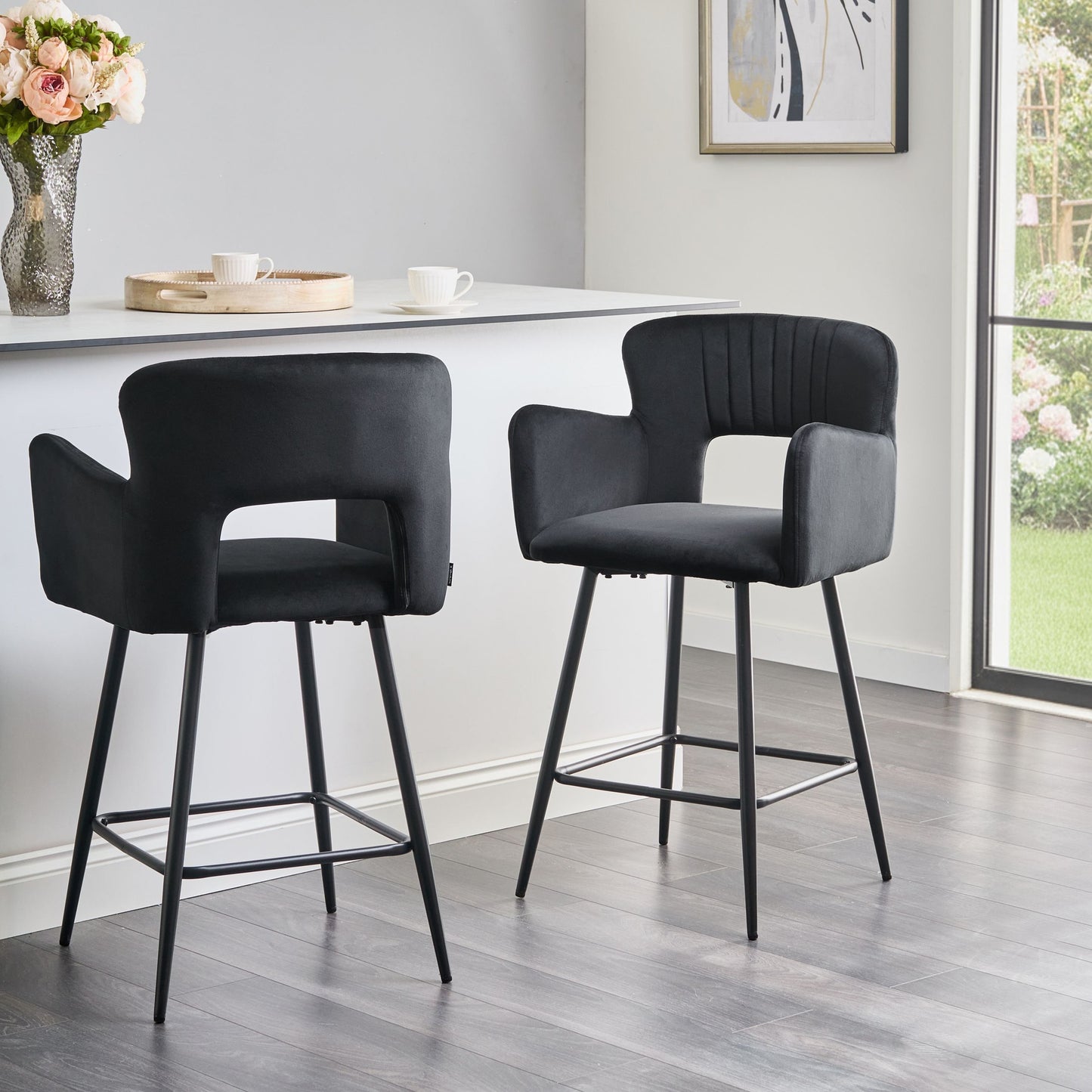 Bar Chair Set Black With Armrests And Cutout Back