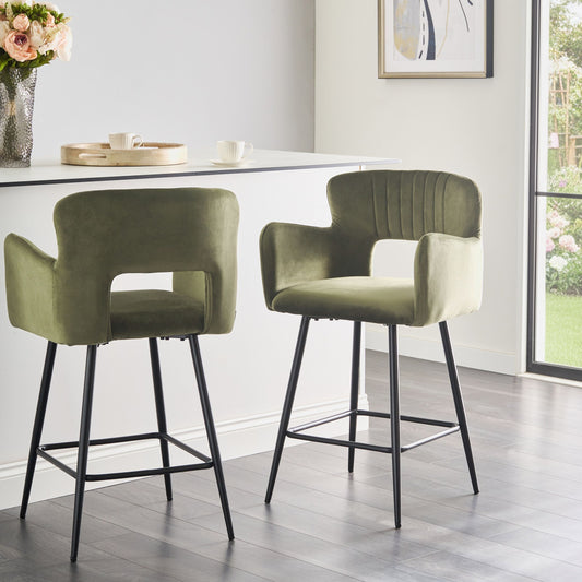 Velvetia Olive Green Bar Chairs Cut Out Backrest Set Of 2