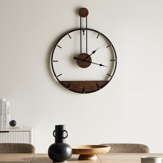 Wall Clock Black Metal Wood Industrial Scandi Timepiece
