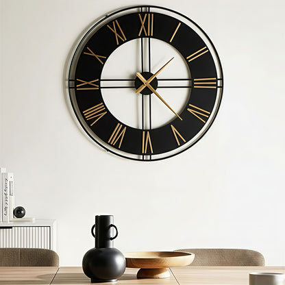 Indistrial Wall Clock Matte Black Metal Timepiece With Gold Numerals