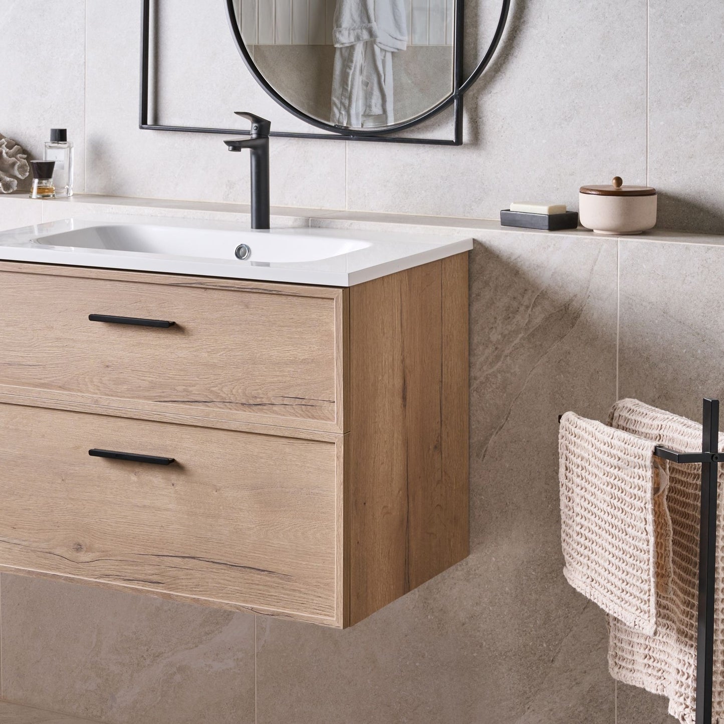 Nordic Bath Wall Mounted Bathroom Cabinet Vanity Unit Light Brown MDF 80x46 cm With 2 Drawers
