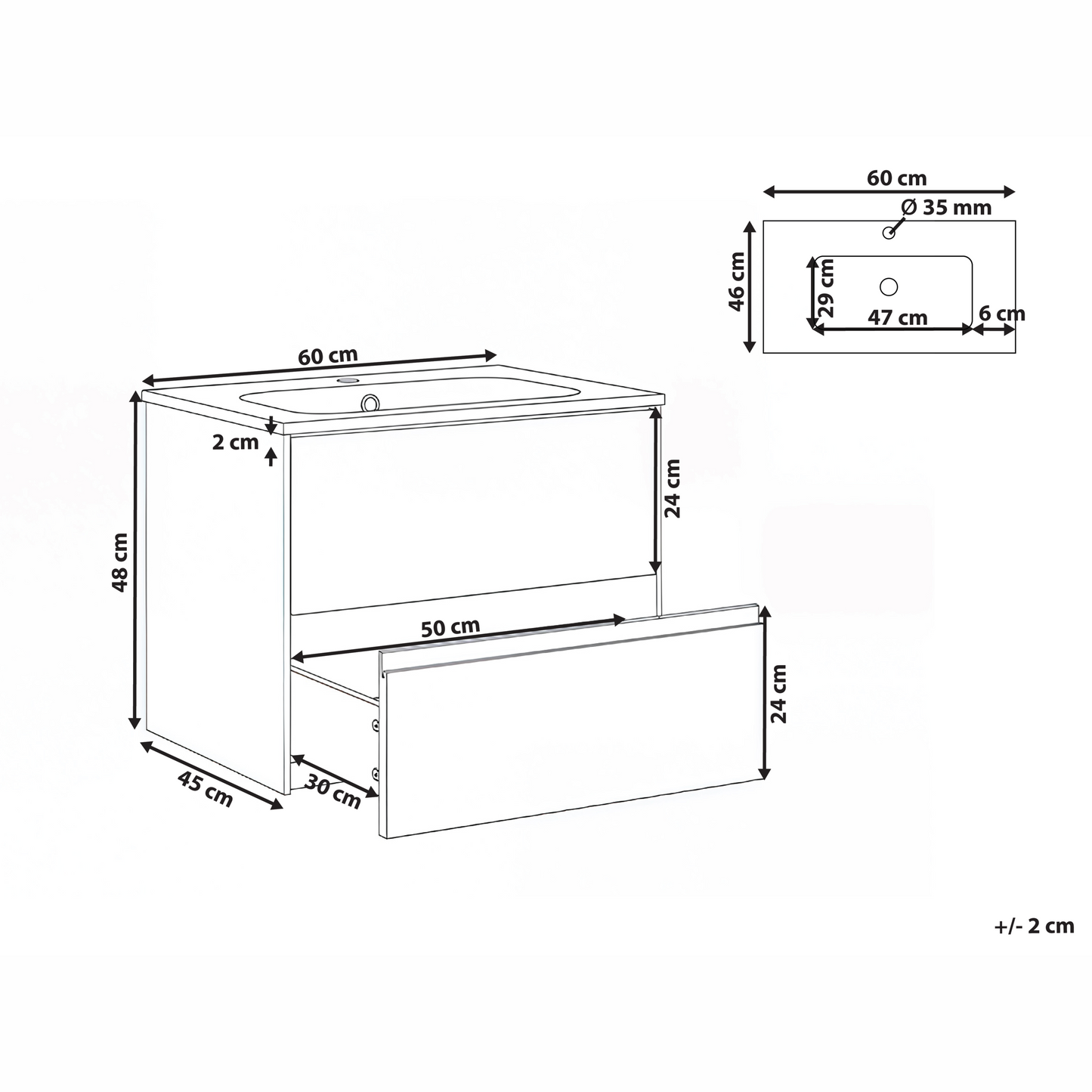 Nova Wall Mounted Bath Cabinet Vanity 60x46cm Light Brown 2 Drawers