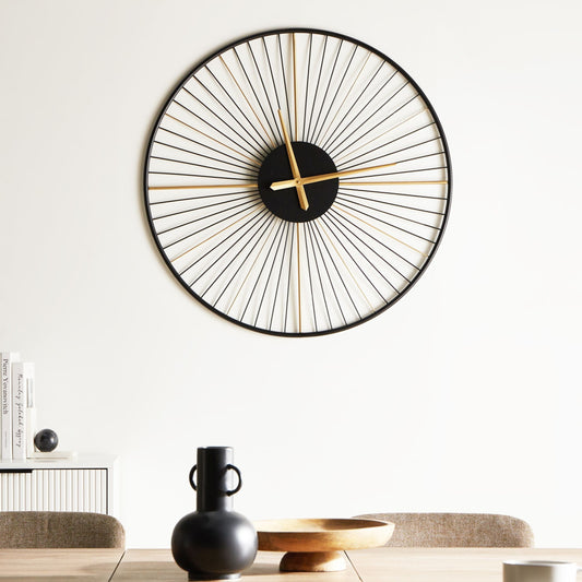 Indistrial Oversized Wall Clock Black Metal Sunburst Timepiece