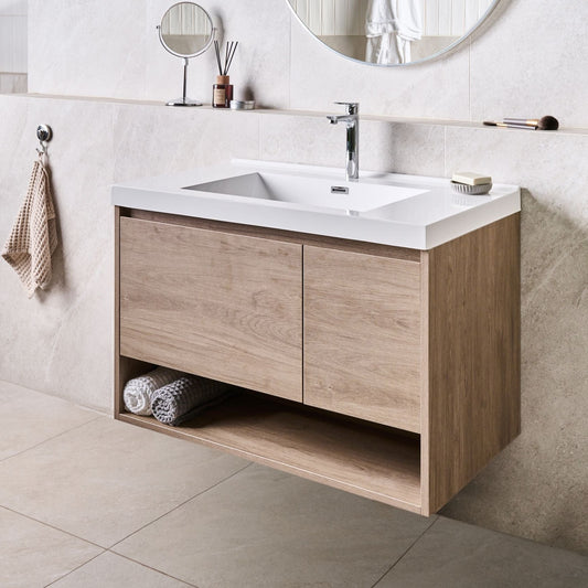 Wall Mounted Bath Cabinet With Basin 90 x 50cm Light Brown
