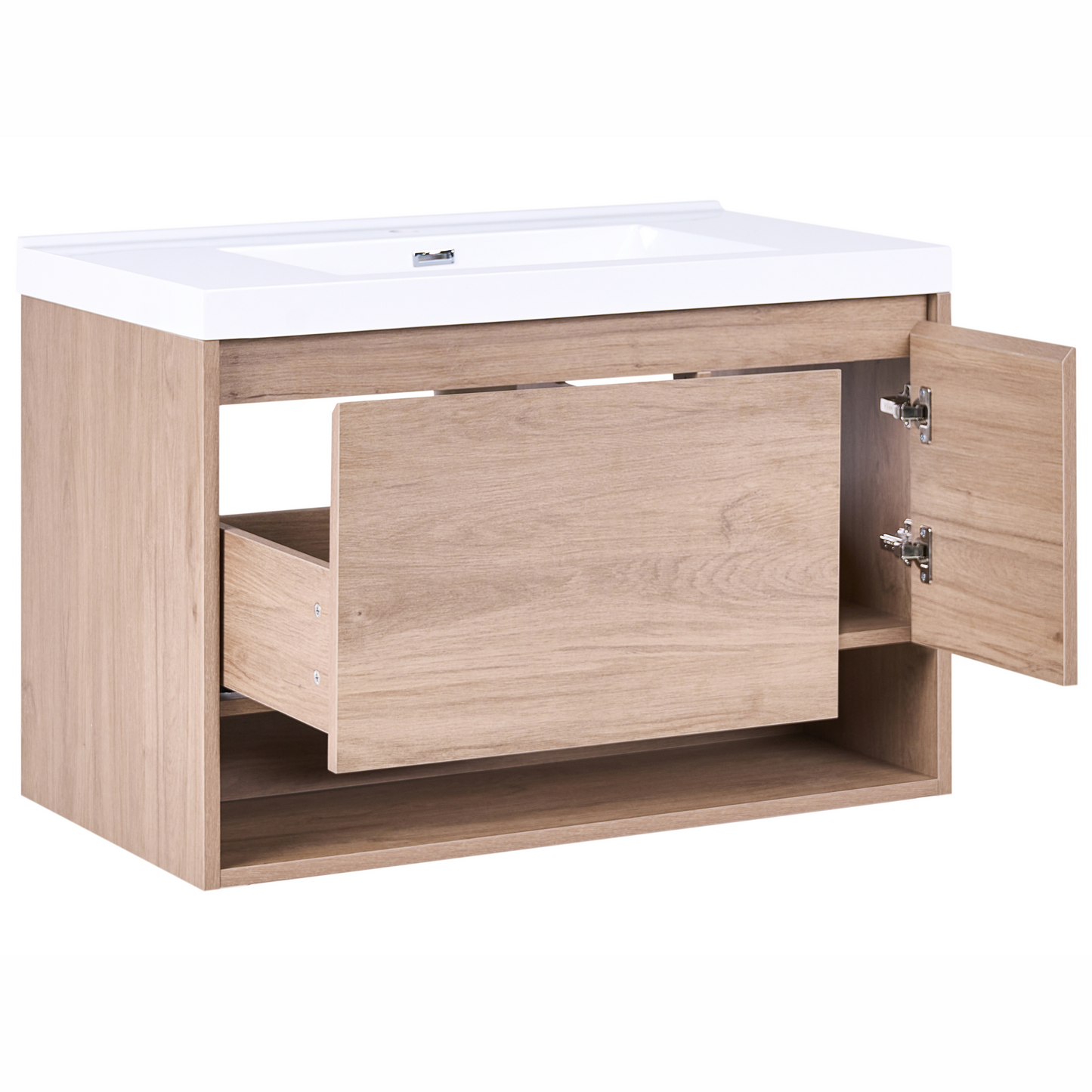Wall Mounted Bath Cabinet With Basin 90 x 50cm Light Brown