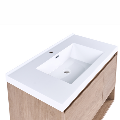 Wall Mounted Bath Cabinet With Basin 90 x 50cm Light Brown