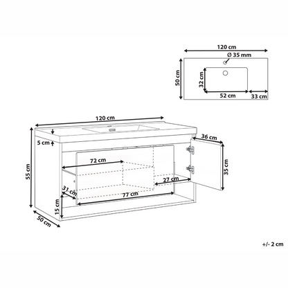 Wall Mounted Vanity Unit Light Brown 120 x 50cm Inbuilt Basin