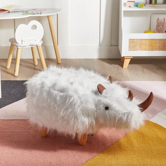 Animal Rhino Kids Stool White Faux Fur With Wooden Legs