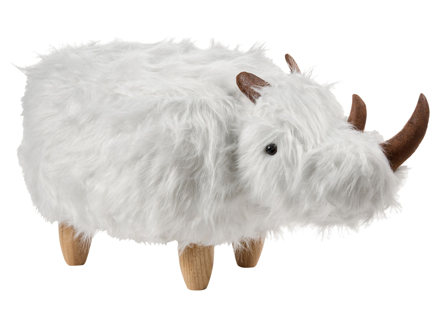 Animal Rhino Kids Stool White Faux Fur With Wooden Legs