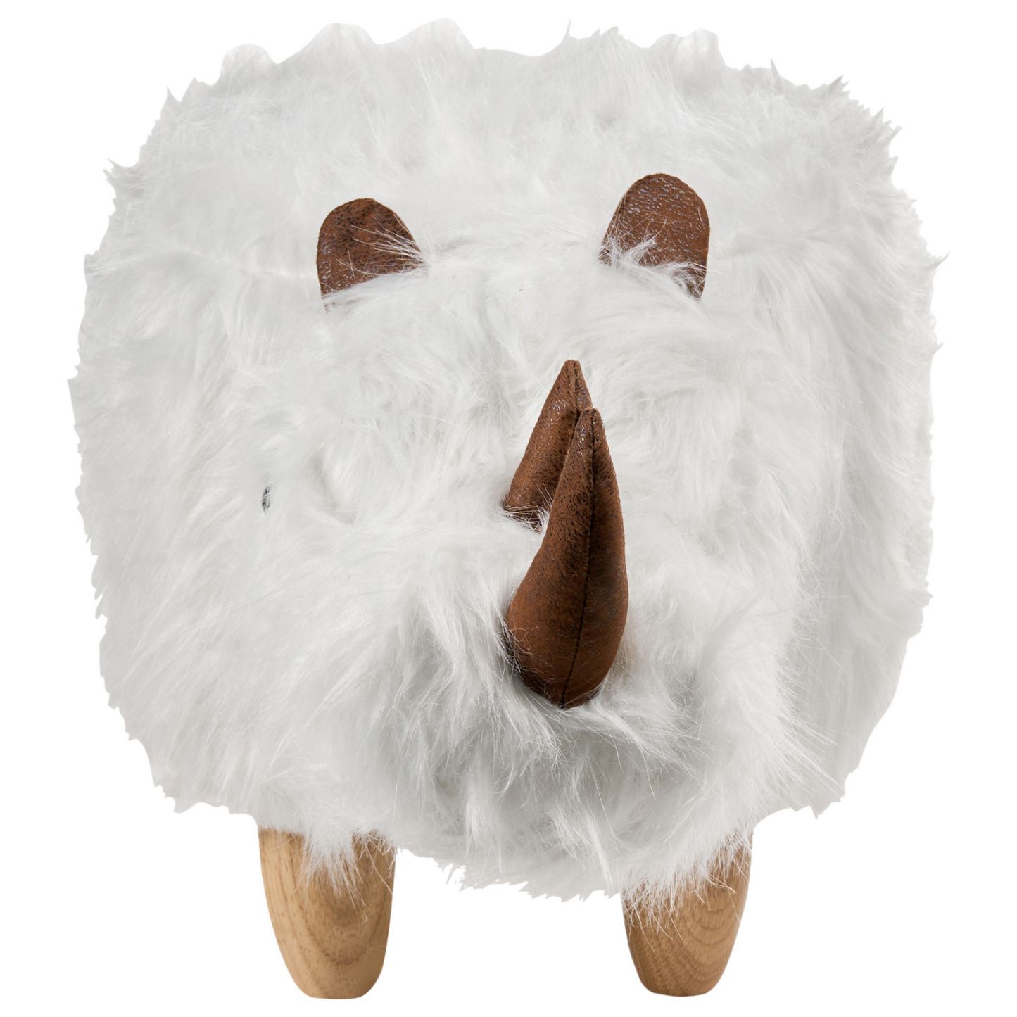 Animal Rhino Kids Stool White Faux Fur With Wooden Legs