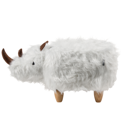 Animal Rhino Kids Stool White Faux Fur With Wooden Legs